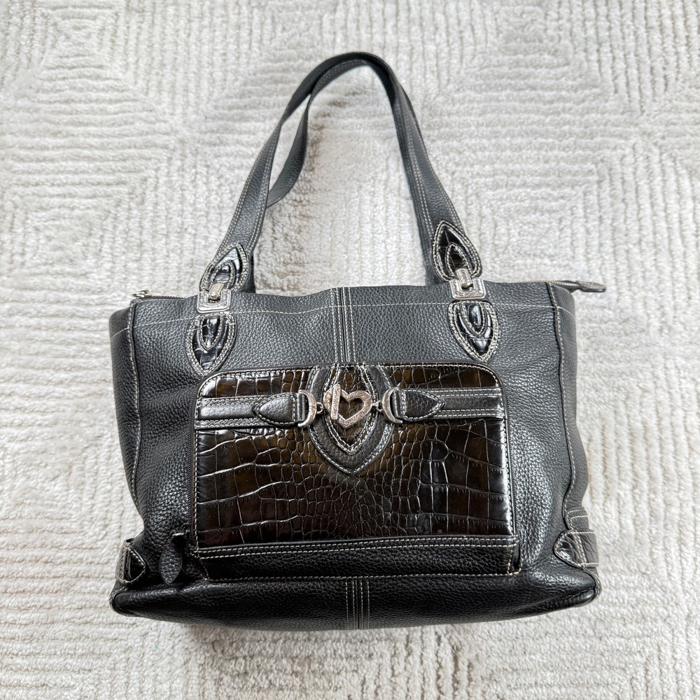Brighton Shoulder Bag Medium Black Leather Croc Heart Western Boho Classic